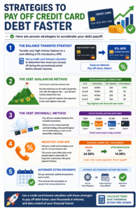 Infographic showing five credit card debt payoff strategies including balance transfer, debt avalanche, debt snowball, APR negotiation, and automated extra payments using a Credit Card Interest Calculator.