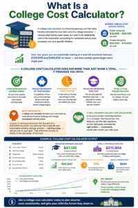 College Cost Calculator infographic showing future college cost projections, tuition inflation estimates, monthly savings targets, compound interest growth, and total education expenses.