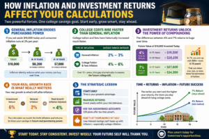 College Cost Calculator infographic showing how inflation, college tuition increases, and investment returns affect future college savings and education planning.
