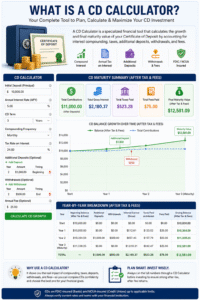 CD Calculator showing certificate of deposit growth, compound interest calculations, taxes, fees, annual earnings, and final maturity value with year-by-year breakdown chart.
