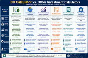 CD Calculator comparison with savings account, bond calculator, and investment return tools showing differences in interest rate, risk, and returns