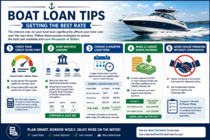 Boat Calculator infographic explaining how to get the best boat loan rate through credit score improvement, lender comparison, larger down payments, shorter loan terms, and smart financing decisions.
