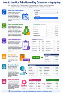 Take Home Pay Calculator step by step guide showing how to calculate net salary including income, deductions, taxes, and results summary in a simple financial infographic