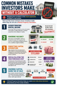 Infographic showing five common real estate investing mistakes including overestimating rental income, ignoring vacancy rates, forgetting capital expenditures, miscalculating purchase costs, and overlooking capital gains taxes using a Rental Property Calculator.