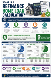 Refinance Home Loan Calculator infographic comparing current mortgage and new refinance loan with payment savings, interest reduction, break-even analysis, amortization schedules, and total refinancing costs.