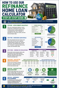 Step-by-step infographic showing how to use a Refinance Home Loan Calculator by entering current loan details, comparing refinance options, analyzing amortization schedules, calculating break-even points, and maximizing mortgage savings.