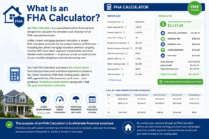 FHA Calculator showing FHA loan payment calculation, mortgage insurance premium, down payment, monthly mortgage costs, and 30-year amortization schedule.