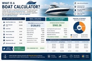 Boat Calculator showing boat loan payments, total ownership costs, interest breakdown, taxes, insurance expenses, maintenance costs, and amortization schedule.