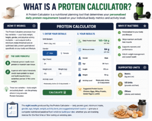 Protein Calculator infographic showing how to calculate daily protein intake based on weight, height, gender, age, and activity level for personalized nutrition planning.
