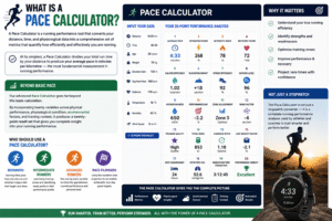 Pace Calculator infographic showing running pace calculation, race time prediction, performance analysis, VO2 estimation, cadence tracking, and training optimization metrics.
