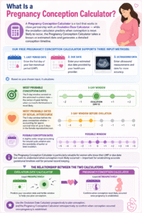 Ovulation Date Calculator infographic explaining how ovulation prediction works, fertile window tracking, conception timing, pregnancy conception estimates, last menstrual period calculations, due date estimation, ultrasound-based dating, and peak fertility days for pregnancy planning.