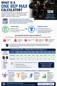 One Rep Max Calculator infographic explaining how to estimate 1RM from weight and repetitions, compare training percentages, calculate strength levels safely, avoid direct max testing risks, and optimize powerlifting, weightlifting, and strength training performance.