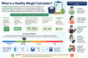 Healthy Weight Calculator showing Normal Body Index Mass (BMI), healthy weight range, weight status categories, BMI meter, and healthy BMI range for adults.
