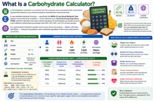 Carbs Counter infographic showing personalized carbohydrate intake calculation, TDEE, BMR, daily carb grams, calorie targets, and carbohydrate percentage levels for nutrition planning.