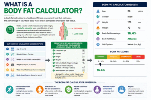 Body fat calculator infographic showing how body fat percentage is calculated using age, gender, height, weight, waist circumference and neck circumference with body fat status categories and visual body fat zones.