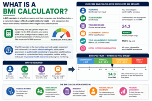 BMI calculator infographic explaining Body Mass Index calculation using age, gender, height, and weight with BMI score, weight status categories, and colour-coded BMI spectrum meter.
