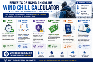 Wind Chill Calculator infographic highlighting the benefits of using an online wind chill calculator, including instant accurate results, multi-unit support, weather safety insights, mobile-friendly access, free usage, and educational value for cold weather planning.