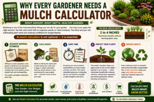 Mulch Calculator infographic explaining why every gardener should use a mulch calculator for accurate mulch estimates, proper mulch depth, cost savings, healthier plants, weed suppression, moisture retention, and reduced material waste.