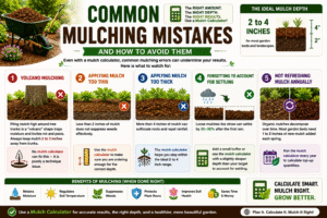 Mulch Calculator infographic showing common mulching mistakes, including volcano mulching, applying mulch too thin or too thick, ignoring mulch settling, and forgetting annual mulch renewal, with tips for proper mulch depth and healthier gardens.