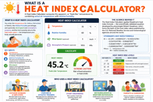 Heat Index Calculator infographic showing feels like temperature calculation using air temperature, relative humidity, wind speed, and atmospheric pressure with heat risk levels, Steadman formula, and real-world applications for outdoor workers, athletes, meteorologists, and families.