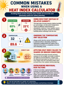 Infographic showing the most common mistakes when using a Heat Index Calculator, including relative humidity vs dew point, temperature unit errors, shaded conditions, and individual heat risk factors.