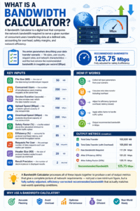 Infographic explaining what a Bandwidth Calculator is, including file size, concurrent users, upload speed, download speed, efficiency, safety factor, and recommended network bandwidth calculation.