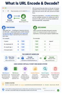 URL Encode & Decode infographic explaining how URL encoding converts special characters into percent-encoded values and decoding restores the original readable text with practical examples.