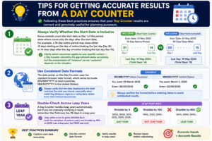 Day Counter infographic explaining how to get accurate date calculations by verifying inclusive dates, using the correct date format, and accounting for leap years with practical examples.