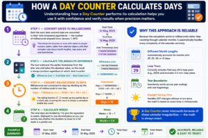 Day Counter infographic explaining how a Day Counter calculates days by converting dates into milliseconds, finding the absolute difference, converting milliseconds to days, calculating weeks, and automatically handling leap years and different month lengths.