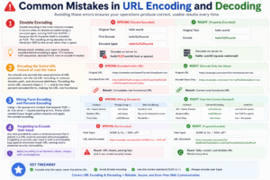 URL Encode & Decode infographic showing common mistakes such as double encoding, encoding an entire URL, mixing percent encoding with form encoding, and forgetting to encode user input with correct examples and solutions.