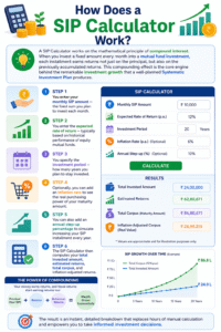 SIP Calculator infographic explaining how a SIP Calculator works using compound interest, monthly investment, expected returns, inflation adjustment, annual step-up, and maturity amount calculation.