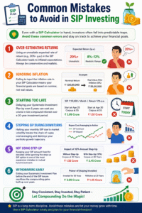 SIP Calculator infographic showing common SIP investing mistakes including overestimating returns, ignoring inflation, starting late, stopping SIP during market downturns, not using step-up SIP, and withdrawing investments early.