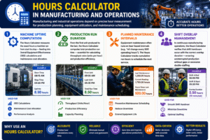 Hours Calculator infographic showing how manufacturers use an Hours Calculator to measure machine uptime, production run duration, maintenance intervals, and shift overlap management for accurate operational planning.