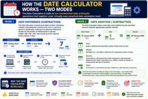Date Calculator infographic explaining two calculation modes: Date Difference for calculating days between two dates and Date Addition/Subtraction for adding or subtracting days, weeks, months, and years with automatic leap year and month-end adjustments.