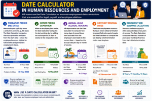 Date Calculator infographic explaining how HR professionals use a Date Calculator to calculate probation end dates, notice periods, annual leave accrual, contract renewal dates, and redundancy or severance calculations with accurate employment date examples.