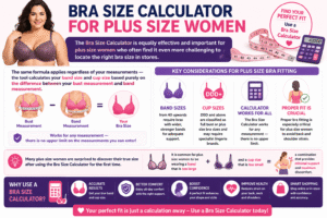 Bra Size Calculator infographic for plus size women explaining how to calculate accurate band size and cup size, choose supportive bras, and improve comfort, posture, and breast support with the correct bra fit.