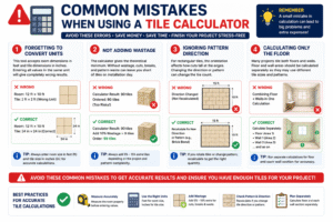 Tile Calculator guide showing common mistakes like incorrect unit conversion, forgetting tile wastage, ignoring tile pattern direction, and calculating floor and wall areas separately for accurate tile estimation.