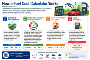 Fuel Cost Calculator infographic showing how to calculate trip fuel costs by entering trip distance, vehicle fuel efficiency, current fuel price, and viewing the estimated fuel cost with easy step-by-step instructions.