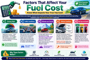 Fuel Cost Calculator infographic explaining the five major factors that affect fuel costs, including driving style, traffic conditions, terrain, vehicle condition, and fuel type for more accurate trip cost estimation.
