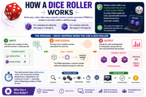 Dice Roller infographic explaining how a Dice Roller works using a pseudo-random number generator (PRNG), including input, random number processing, and output with fair and unbiased dice roll results.