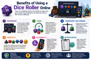Dice Roller infographic highlighting the benefits of using an online Dice Roller, including convenience, speed, fairness, versatility, accessibility, and roll history for accurate and instant dice rolling