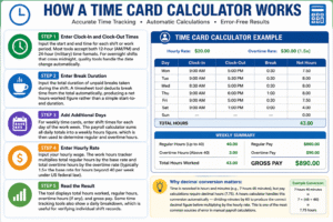 Step-by-step infographic explaining how a Time Card Calculator works, including clock-in and clock-out times, break deductions, overtime calculations, hourly pay, and decimal hour conversion for accurate payroll.