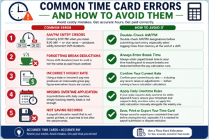 Infographic showing common Time Card Calculator errors, including AM/PM mistakes, missing break deductions, incorrect hourly rates, overtime calculation errors, and unsaved time records, with tips to ensure accurate payroll calculations.