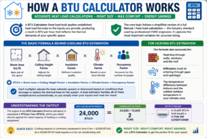 Step-by-step infographic explaining how a BTU Calculator works, including room area, ceiling height, insulation, climate, occupancy factors, heating load calculations, and BTU to ton conversion for HVAC sizing.