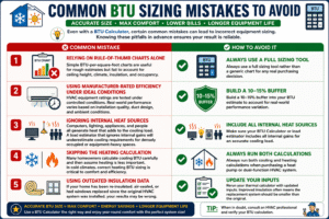 Infographic showing common BTU Calculator mistakes and how to avoid them, including incorrect HVAC sizing, rule-of-thumb BTU charts, internal heat sources, heating calculations, insulation updates, and energy-efficient system selection.