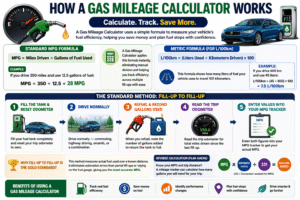 Gas Mileage Calculator infographic explaining the MPG formula, fuel efficiency calculation, fill-up method, metric L/100km formula, and step-by-step instructions for measuring vehicle fuel economy accurately.