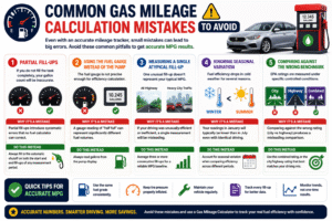Gas Mileage Calculator infographic explaining five common MPG calculation mistakes, including partial fill-ups, using the fuel gauge instead of the pump, measuring a single fill-up, ignoring seasonal fuel efficiency changes, and comparing against incorrect EPA ratings.
