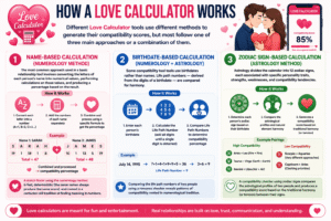 Love Calculator infographic explaining how compatibility scores are calculated using name-based numerology, birthdate numerology, and zodiac sign astrology with step-by-step examples