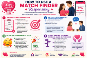 Love Calculator infographic explaining how to use a Love Calculator responsibly by entering accurate information, treating compatibility scores as entertainment, encouraging healthy conversations, and avoiding major relationship decisions based solely on results.