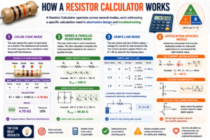 Resistor Calculator infographic explaining resistor color code calculation, series and parallel resistance, Ohm's Law, and electronics applications for accurate resistance calculations.